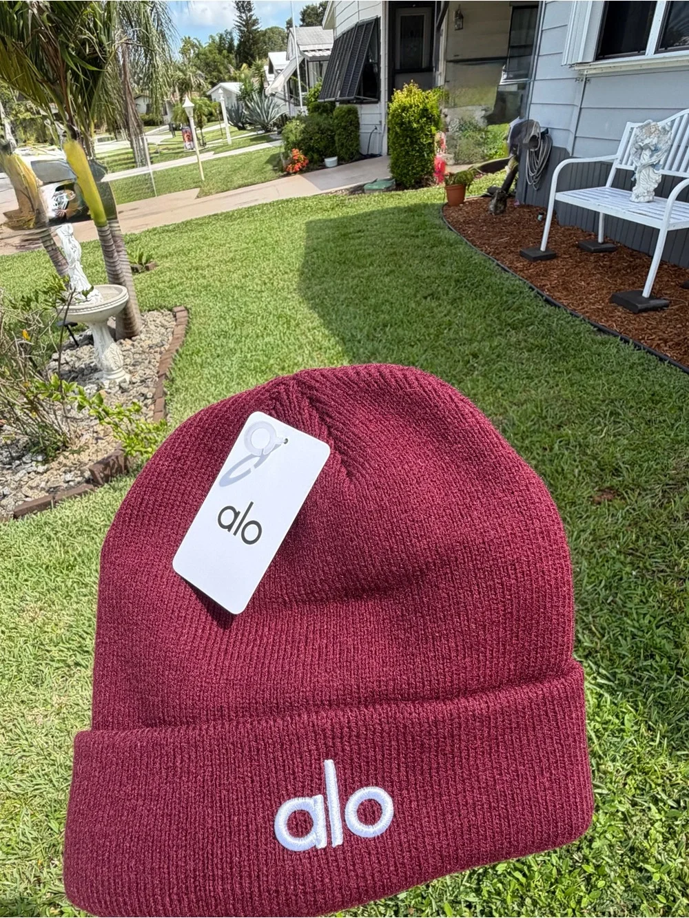 ALO Yoga Maroon Ribbed Beanie with White Logo
